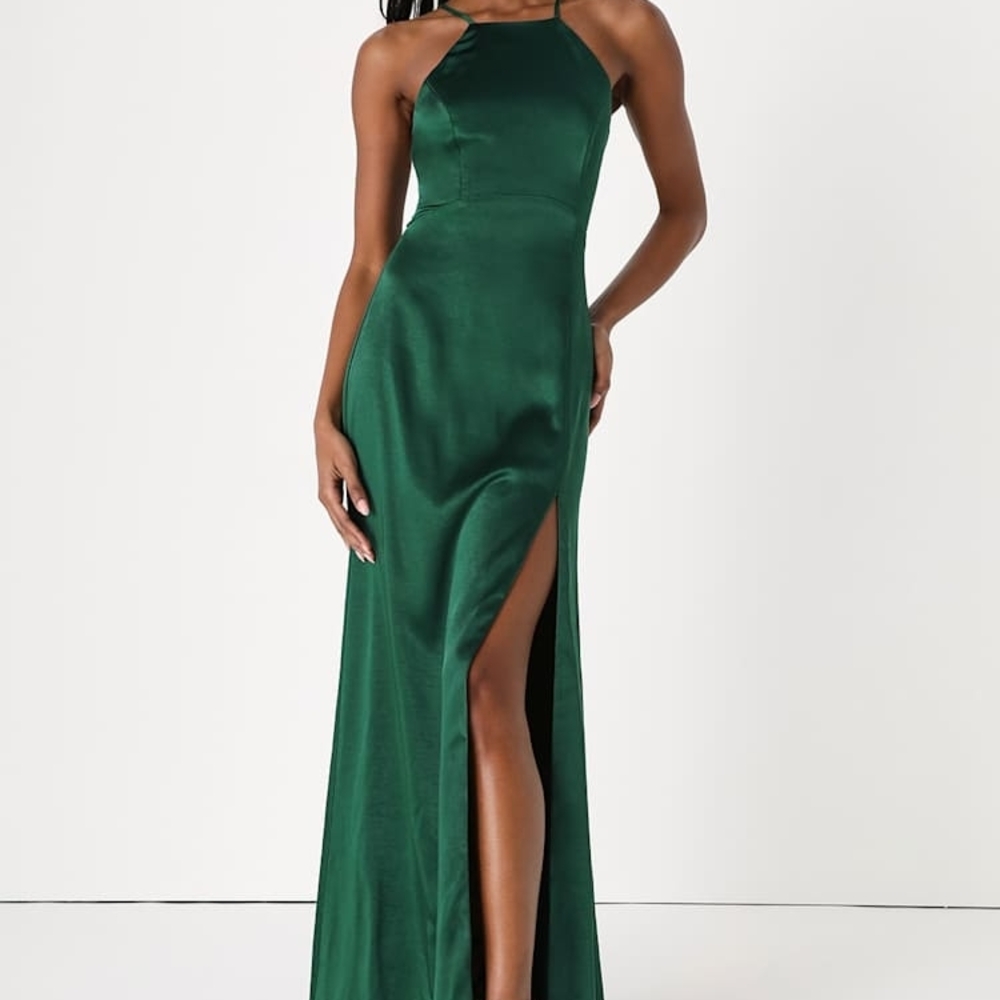 Lulu's Emerald Green Satin Halter Maxi Dress with Thigh Slit